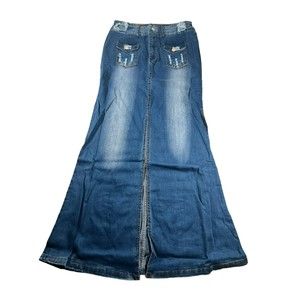LUXMI High Waist Ripped Split Back Denim Skirt with belt and pockets